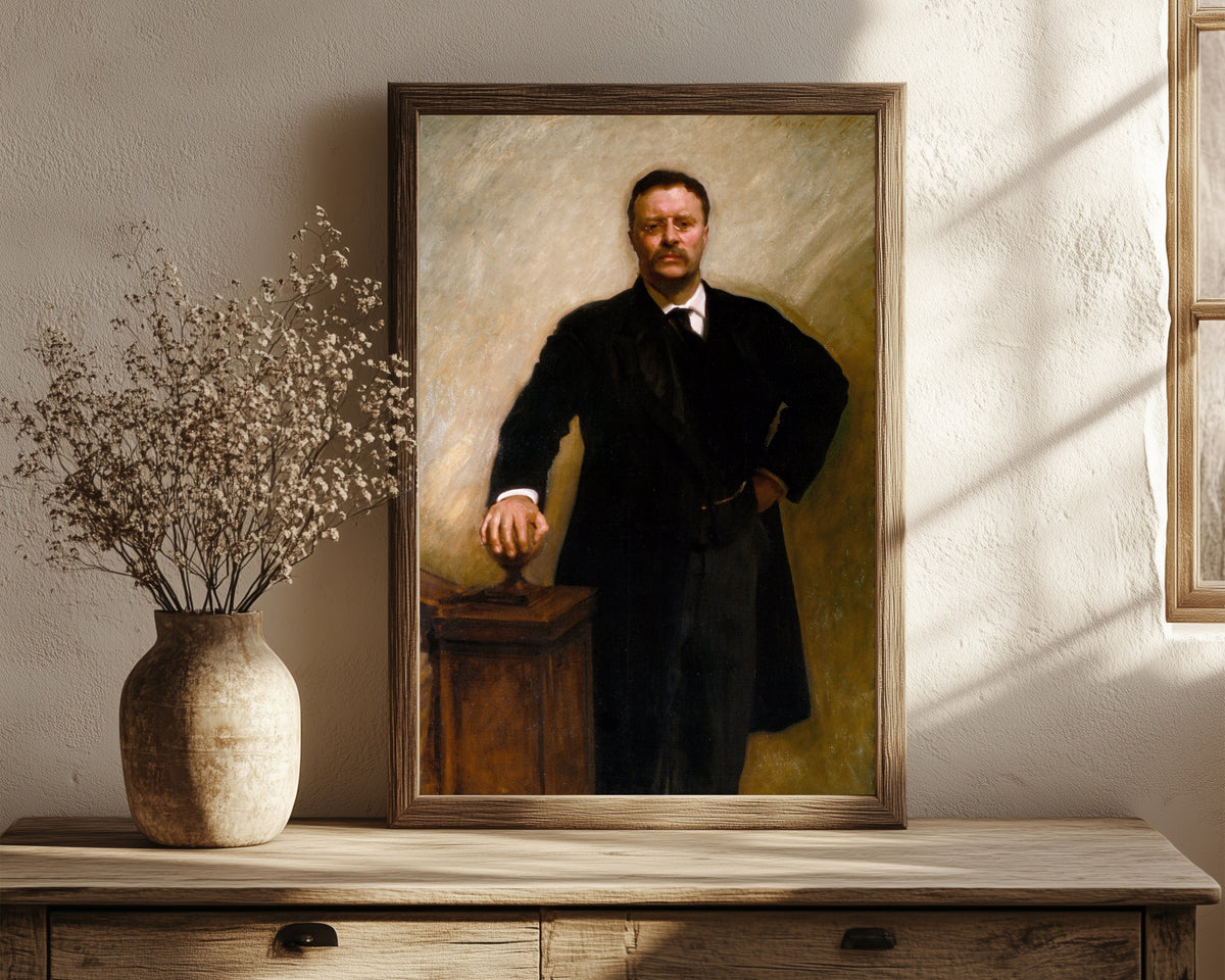 Framed art print of Theodore Roosevelt by John Singer Sargent, in a dark wood frame leaning on a rustic console beside dried flowers