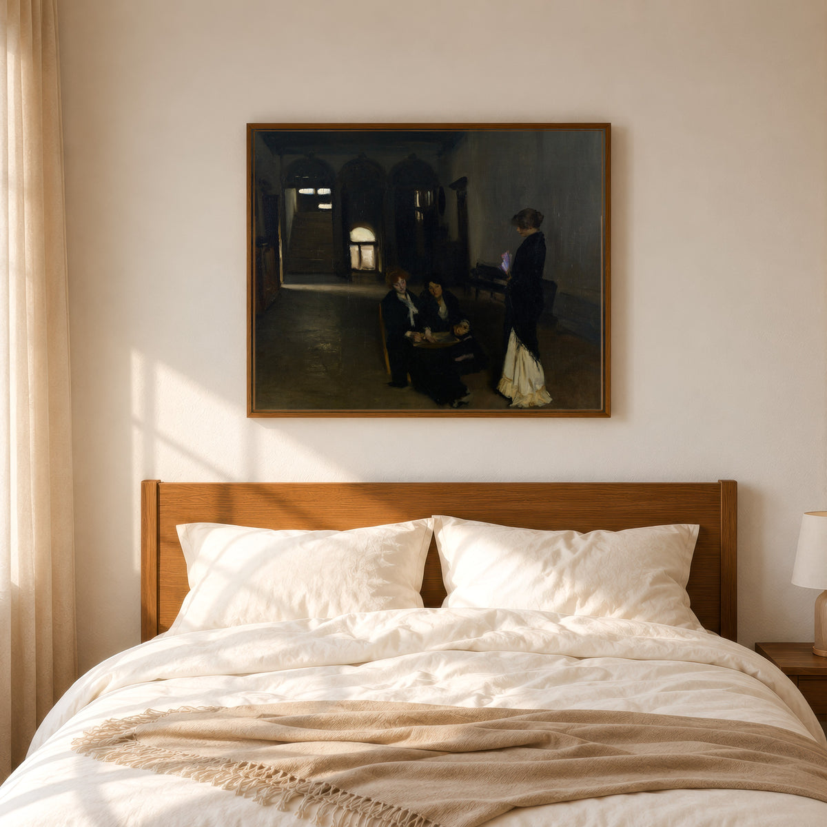 Framed art print of Venetian Bead Stringers by John Singer Sargent, in a slim wood frame above a bed in a sunlit bedroom