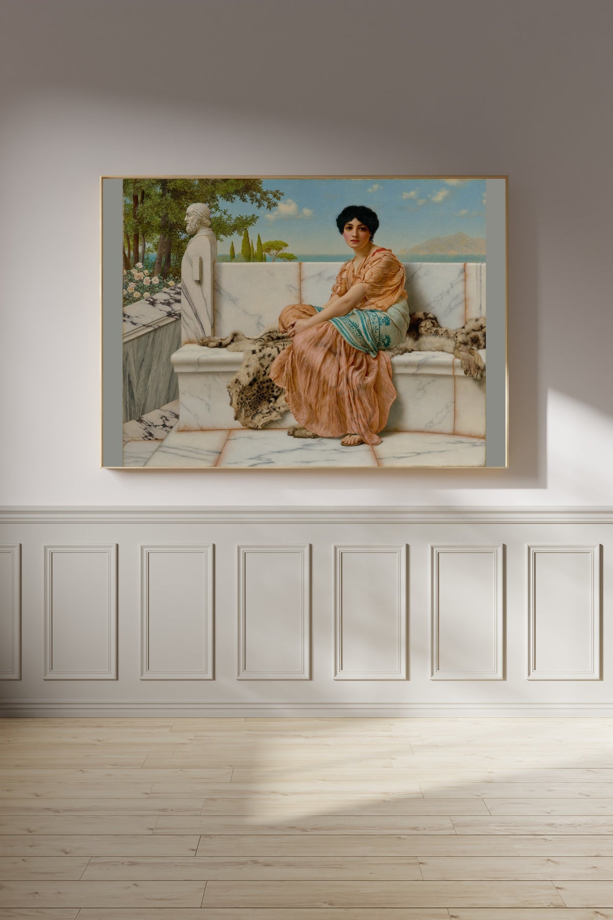 Reverie by John William Godward — framed on a panelled wall in afternoon light