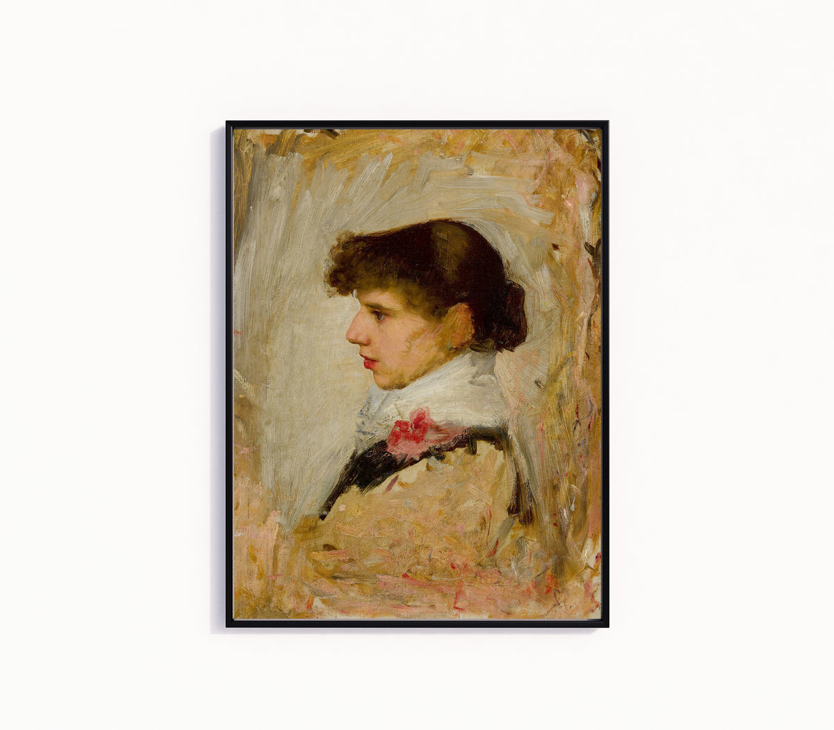 Framed art print of Head of a Model by John William Waterhouse, in a slim black frame on a plain white wall