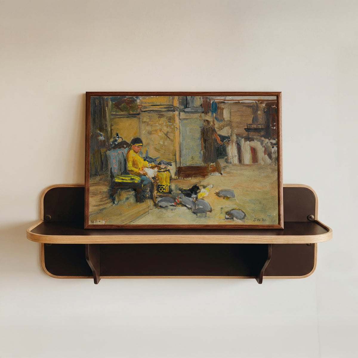 Framed art print of Study for The Favourites of the Emperor Honorius by John William Waterhouse, in a dark wood frame resting on a wall shelf