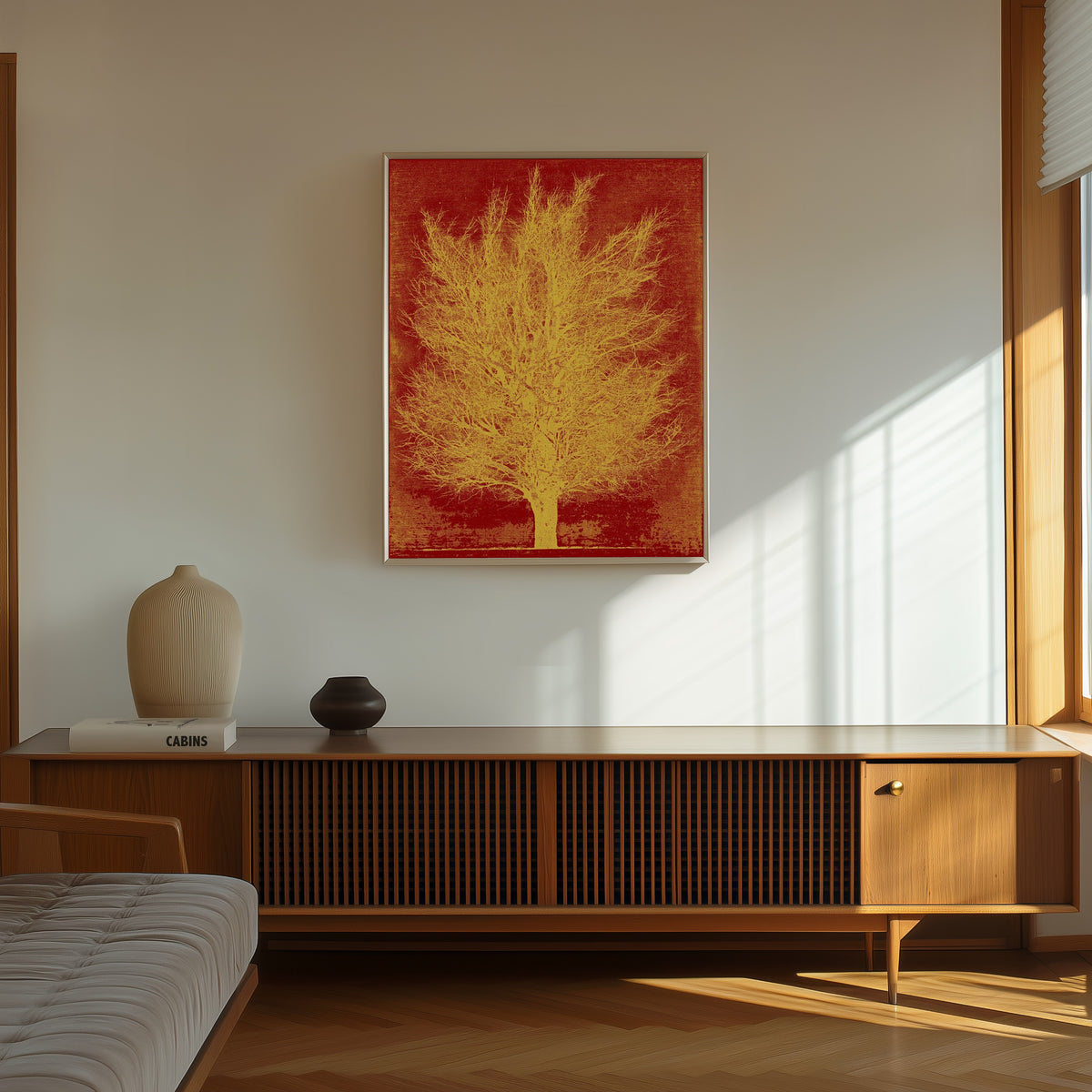 Framed art print of Gold Tree by Joichi Hoshi, in a thin light frame on a sunlit wall above a wooden sideboard