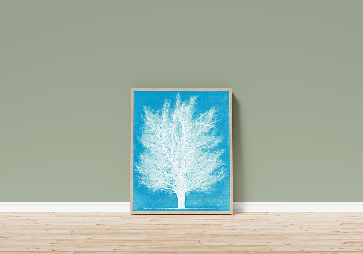 Framed art print of Ice Tree by Joichi Hoshi, in a light wood frame leaning on a sage green wall above a wooden floor