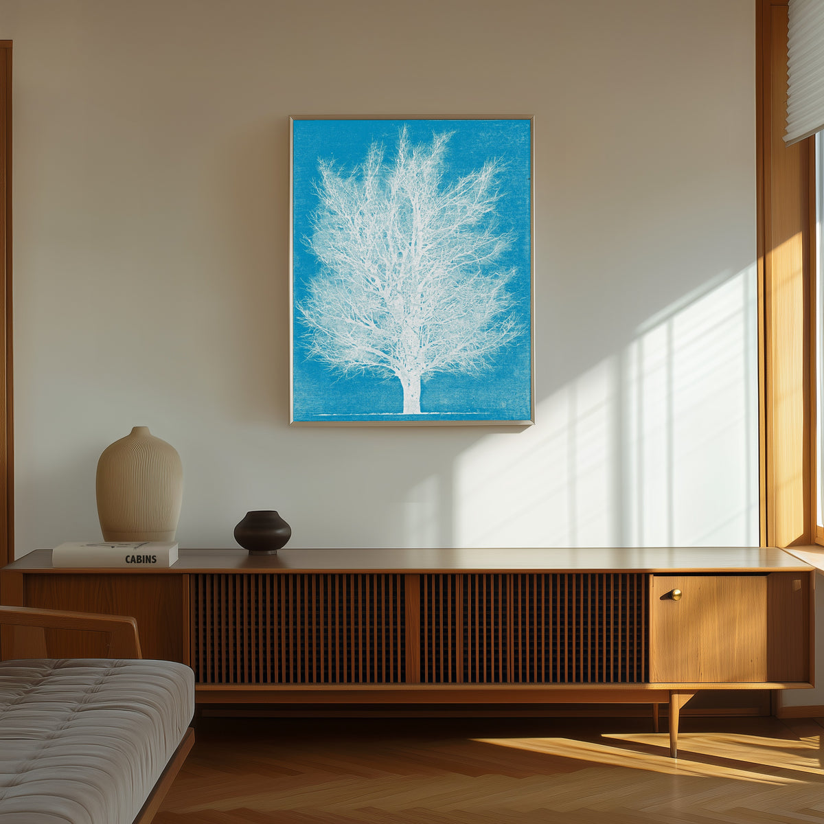 Framed art print of Ice Tree by Joichi Hoshi, in a thin light frame on a sunlit wall above a wooden sideboard