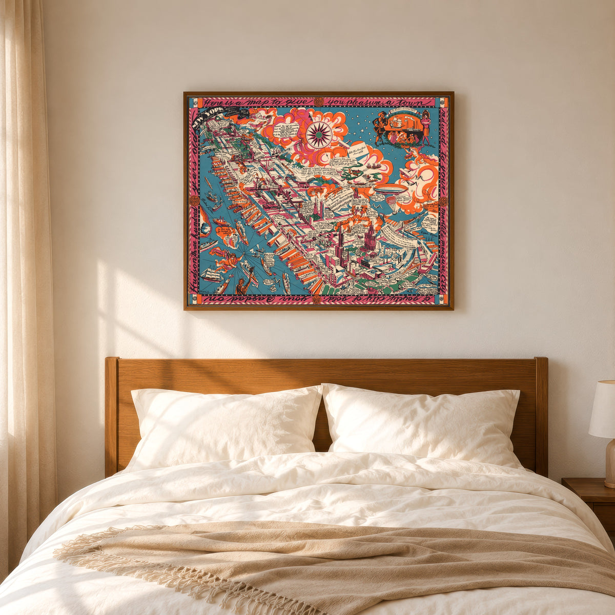 Framed art print of A Map of New York by Joseph B. Platt, in a slim wood frame above a bed in a sunlit bedroom