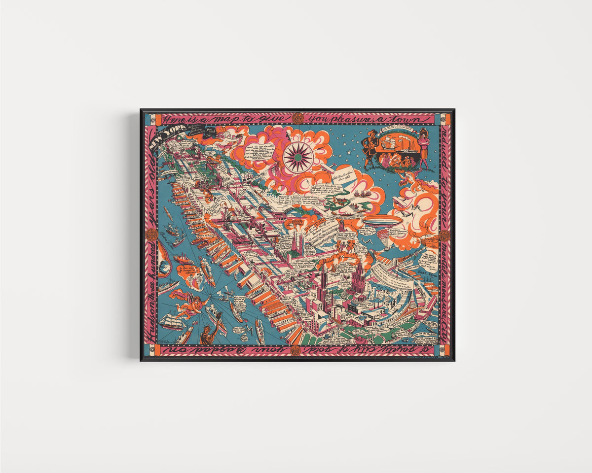 Framed art print of A Map of New York by Joseph B. Platt, in a slim black frame on a plain white wall