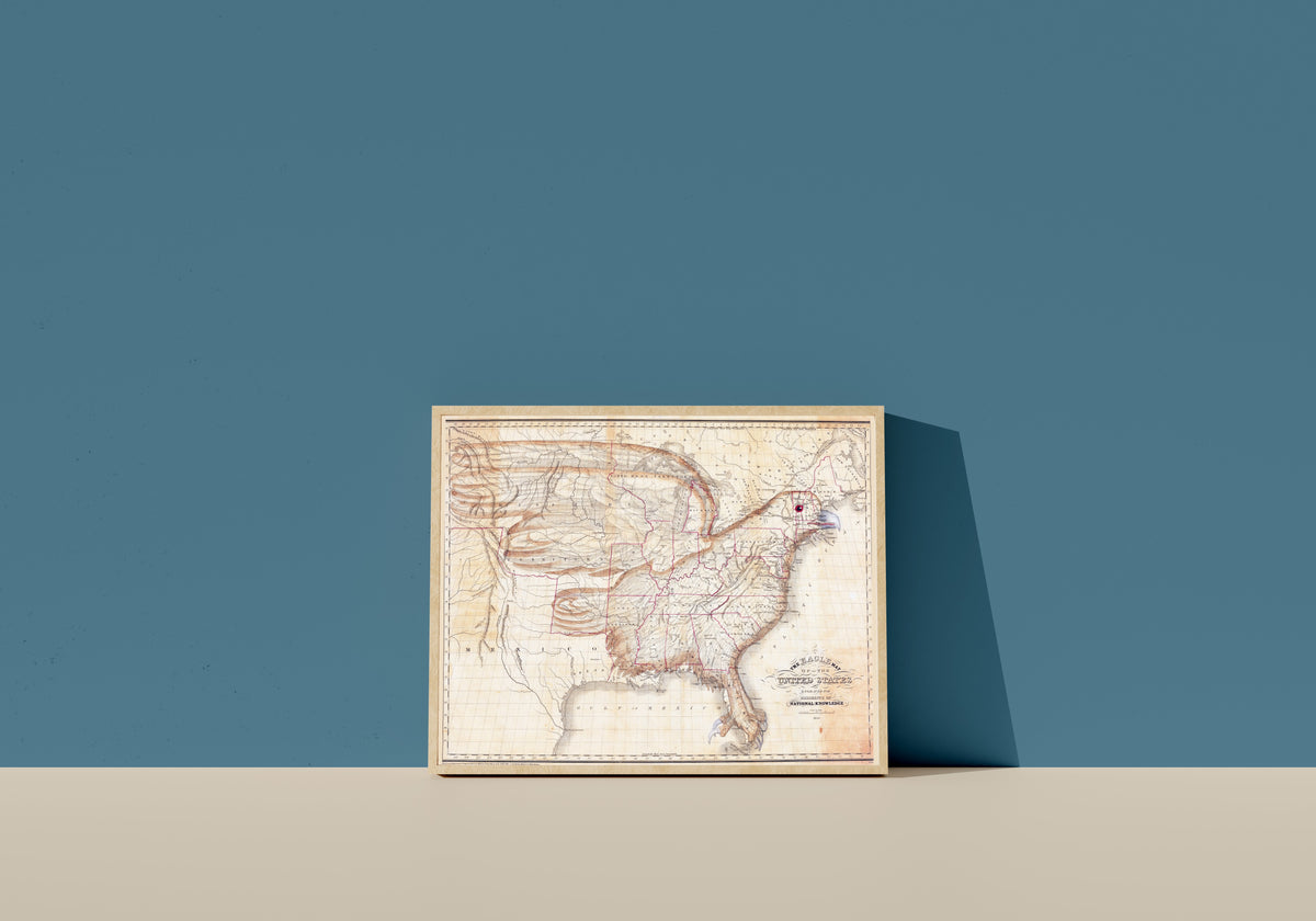 Framed art print of The Eagle Map of the United States by Joseph Churchman, in a light wood frame leaning on a blue wall