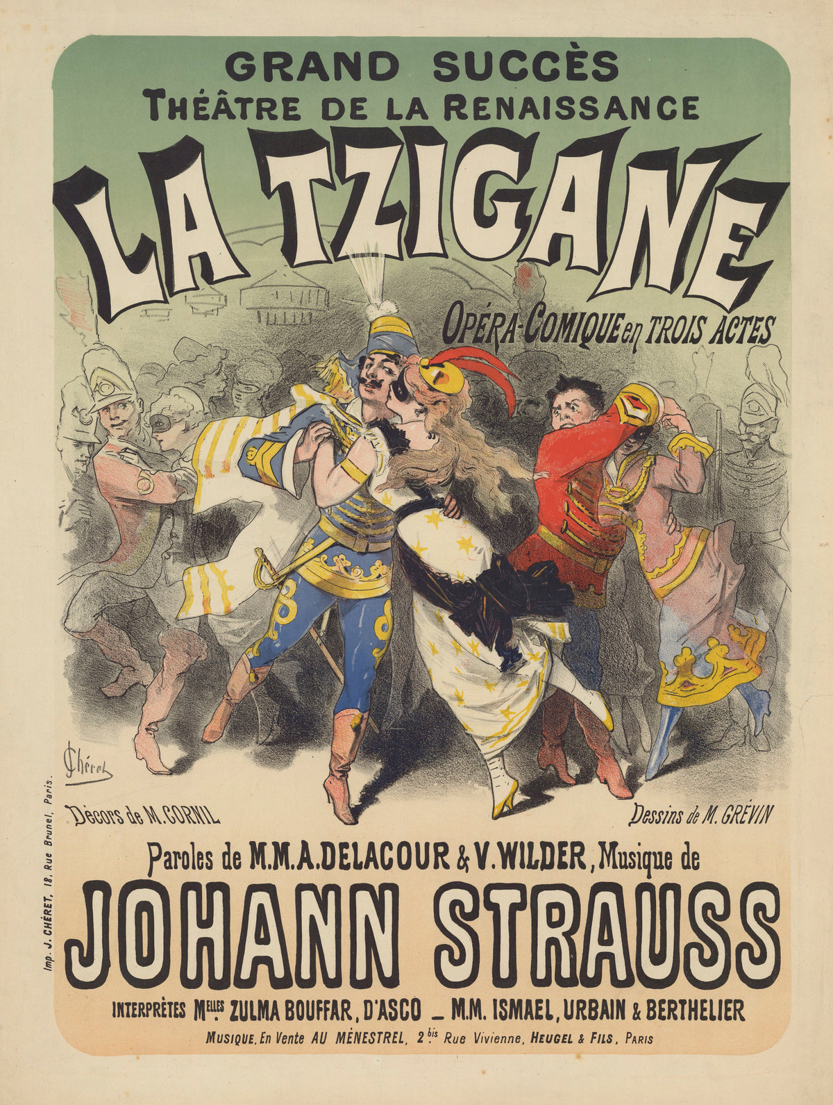 La Tzigane, Théâtre de la Renaissance (Johann Strauss) by Jules Chéret — A plumed dancer embraces a costumed performer in a crowded scene