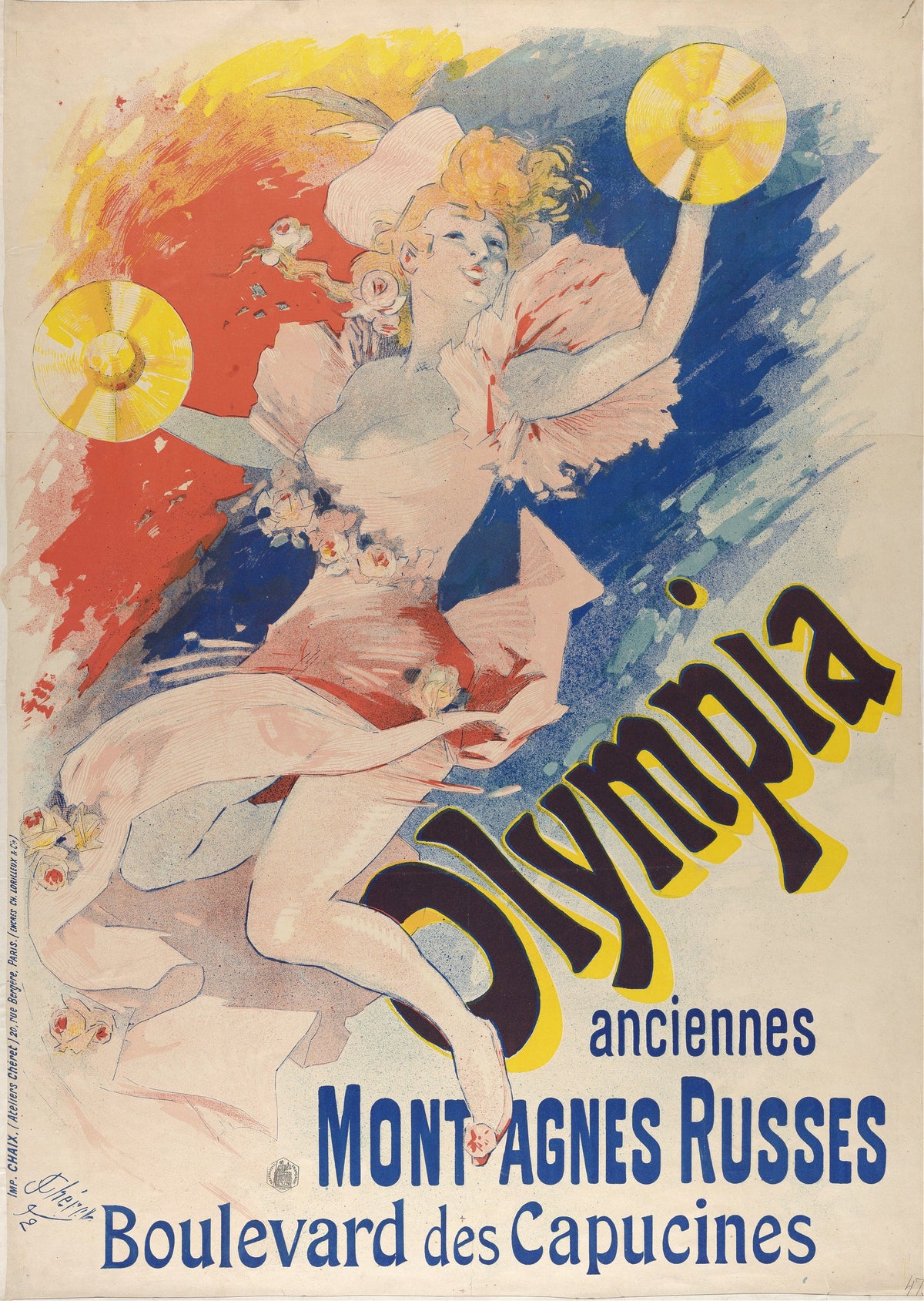 Olympia, anciennes Montagnes Russes by Jules Chéret — A dancer in flounced pink leaps beneath swirling red and blue washes