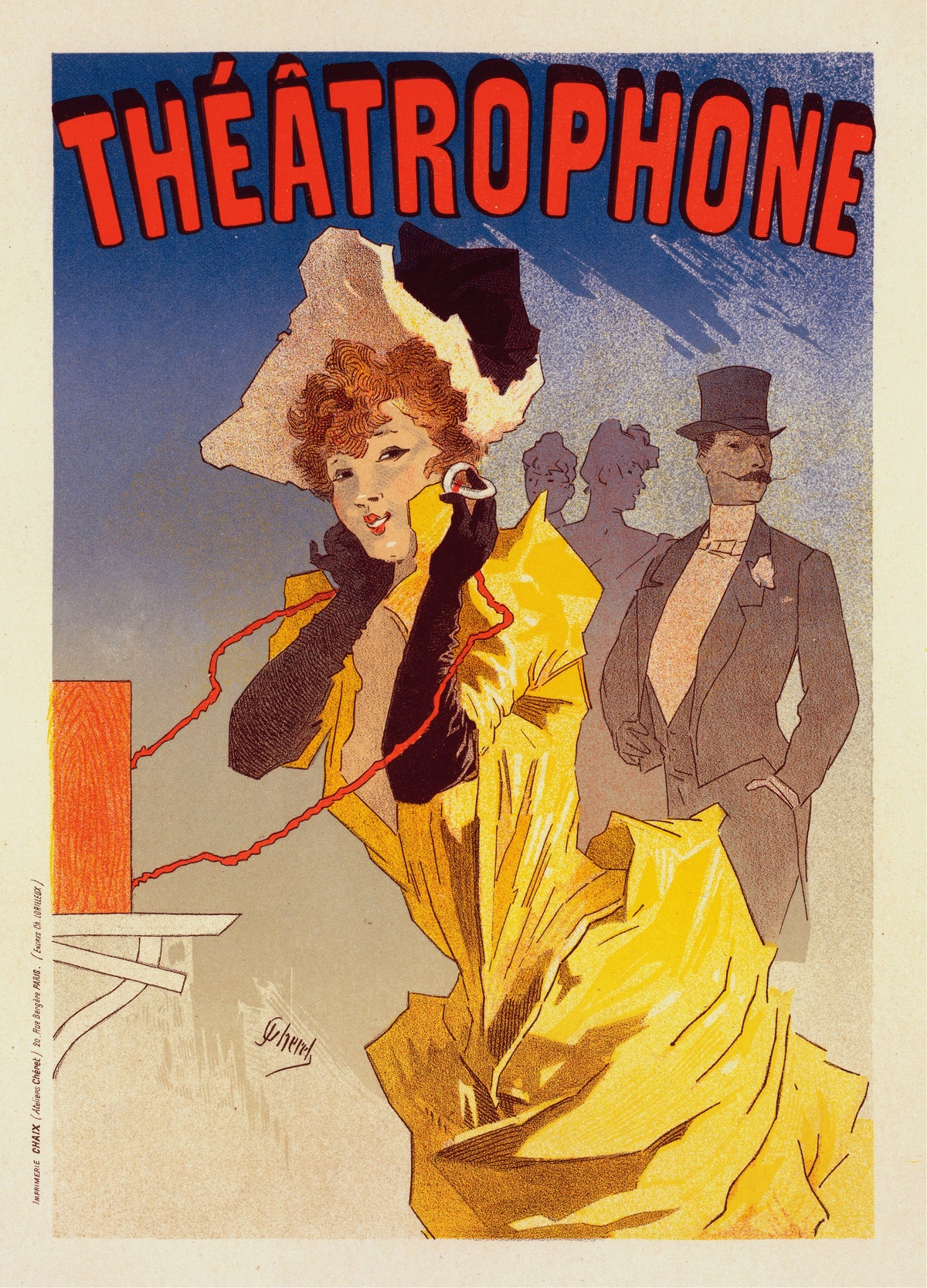 Théâtrophone by Jules Chéret — A woman in yellow listens through a red-corded earpiece