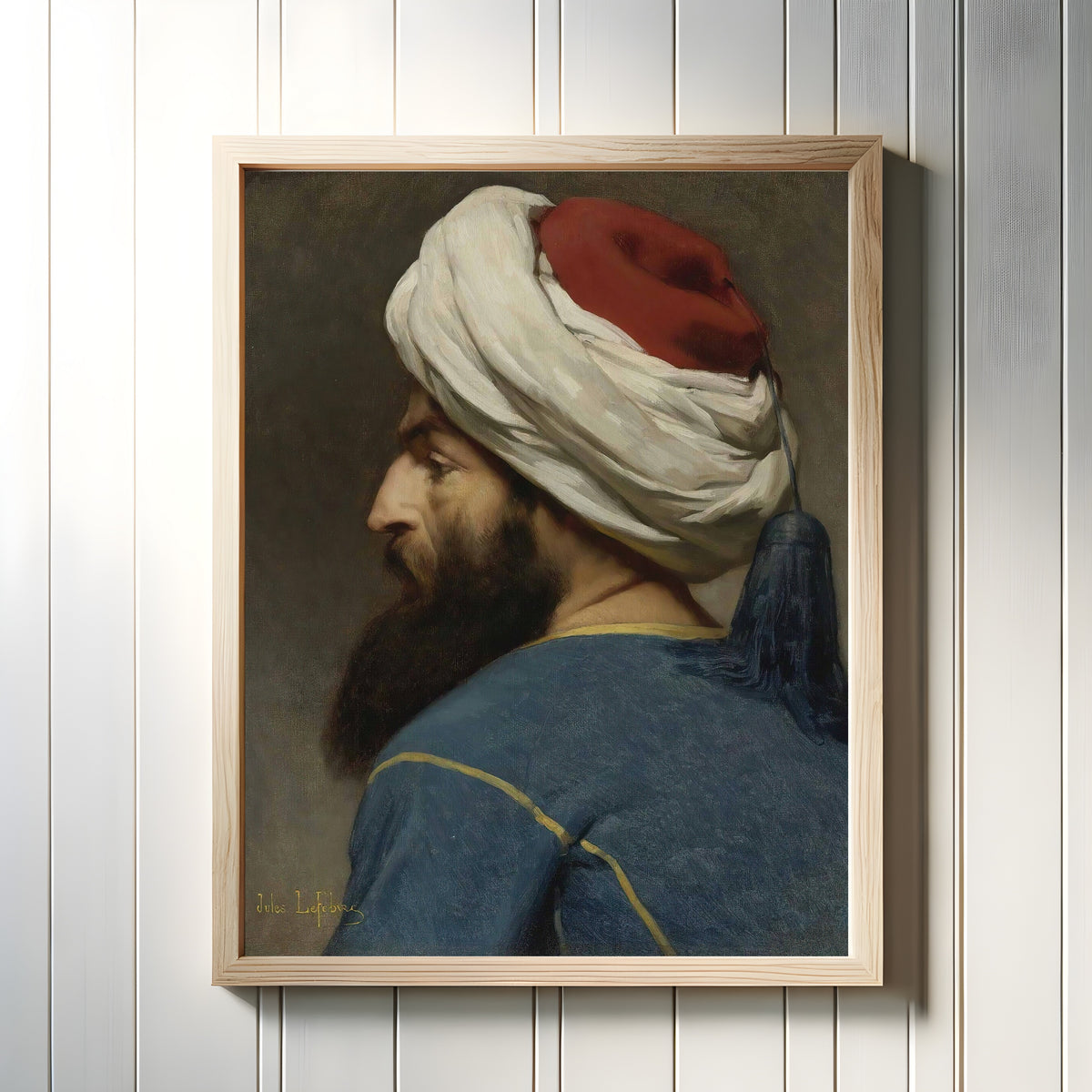 Framed art print of Portrait of an Ottoman by Jules Joseph Lefebvre, in a light wood frame on a white panelled wall