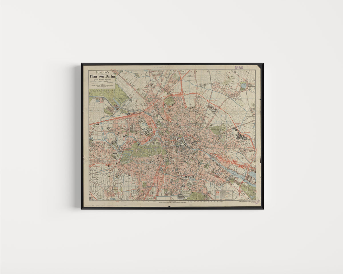 Framed art print of Straube's Plan von Berlin by Julius Straube, in a slim black frame on a plain white wall