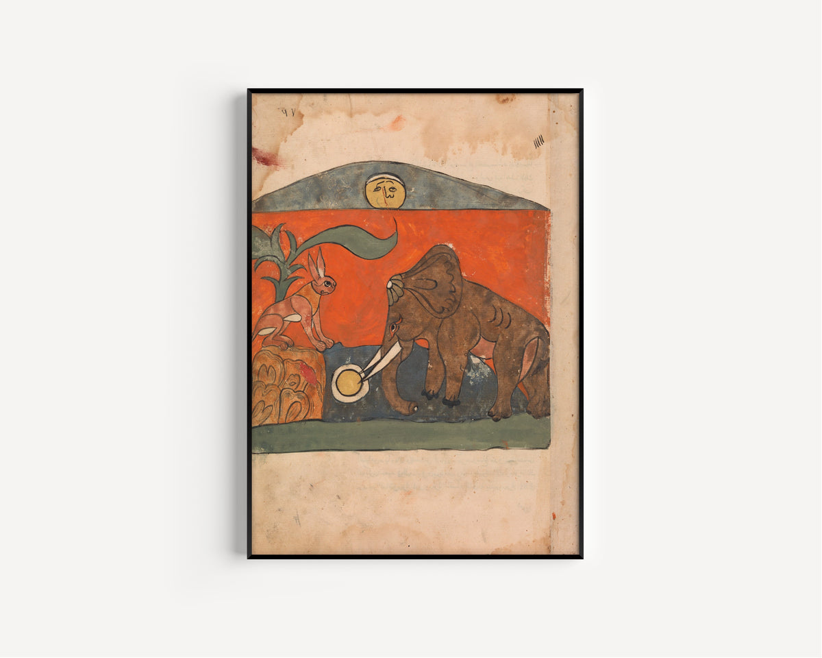 Kalila wa Dimna: The Clever Hare with the King of the Elephants at the Spring of the Moon | Islamic Manuscript Painting Print