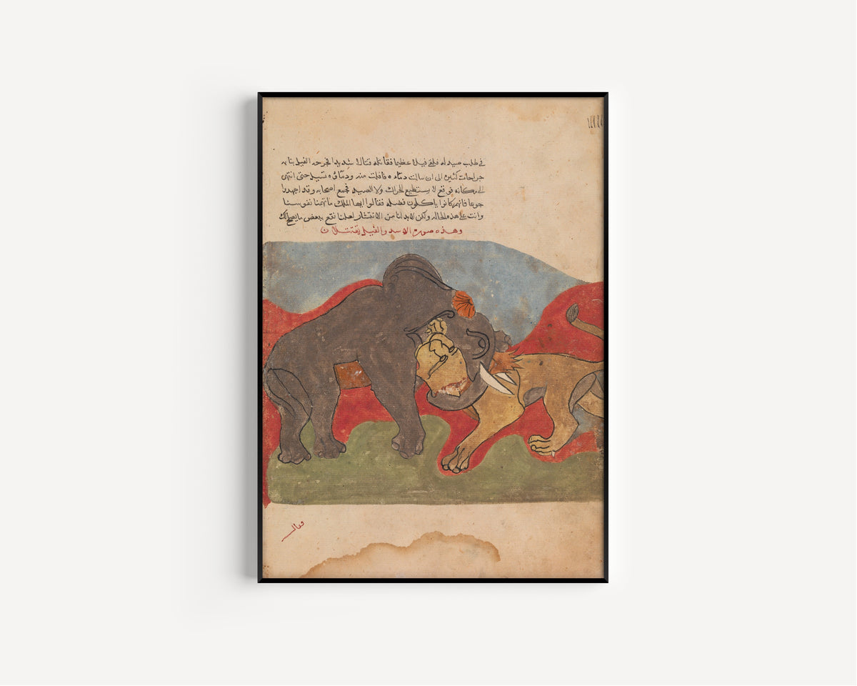 Kalila wa Dimna: The Lion and the Elephant Fighting | Islamic Manuscript Painting Print