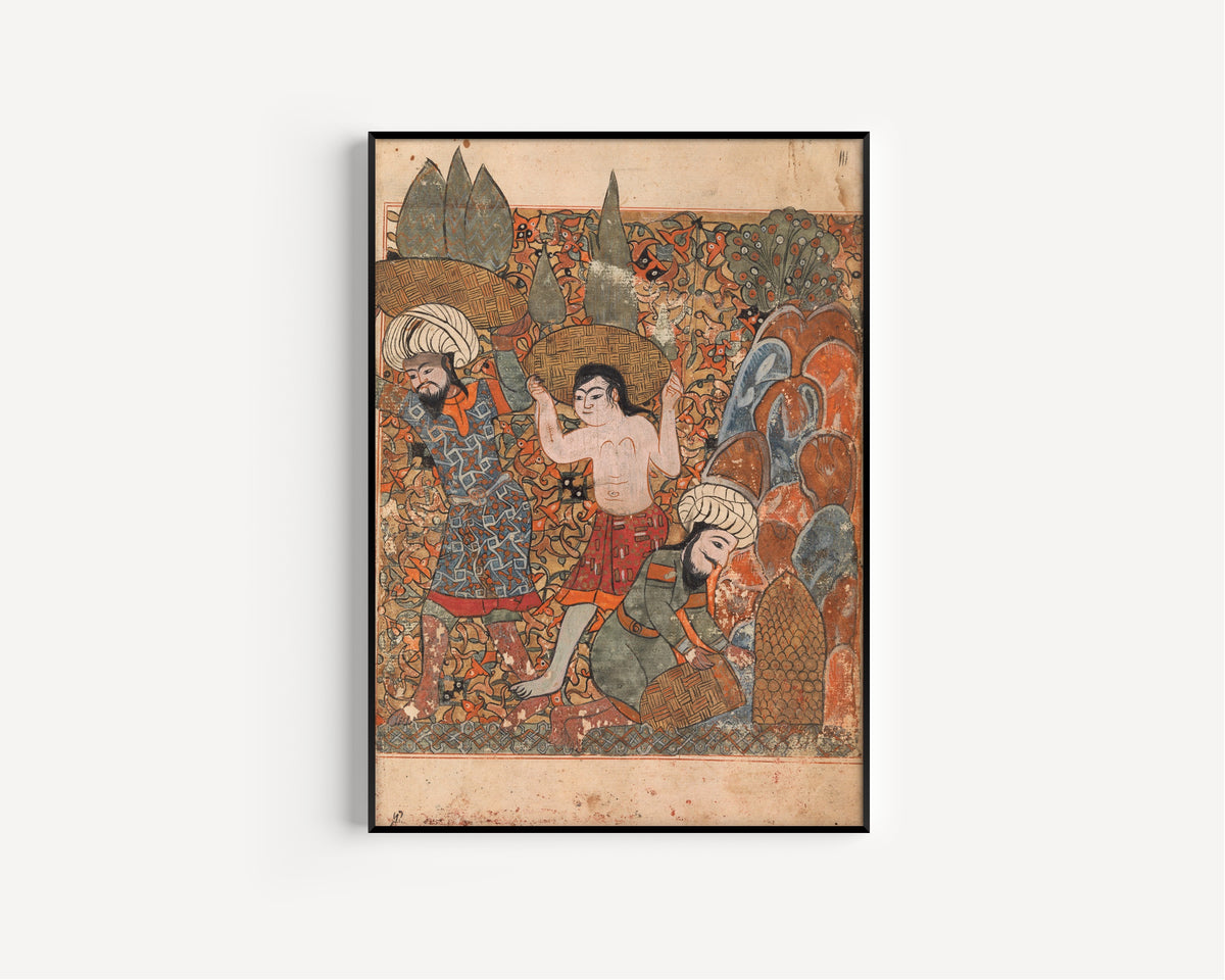 Framed art print of Kalila wa Dimna: The Man who Discovers the Treasure has it Carried Away by Hired Workmen, in a slim black frame on a plain white wall