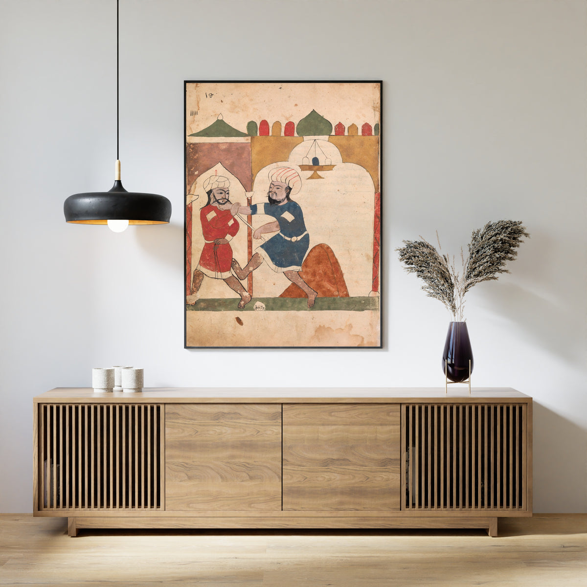 Framed art print of Kalila wa Dimna: The Poor Man Apprehends the Thief, above a slatted wood sideboard