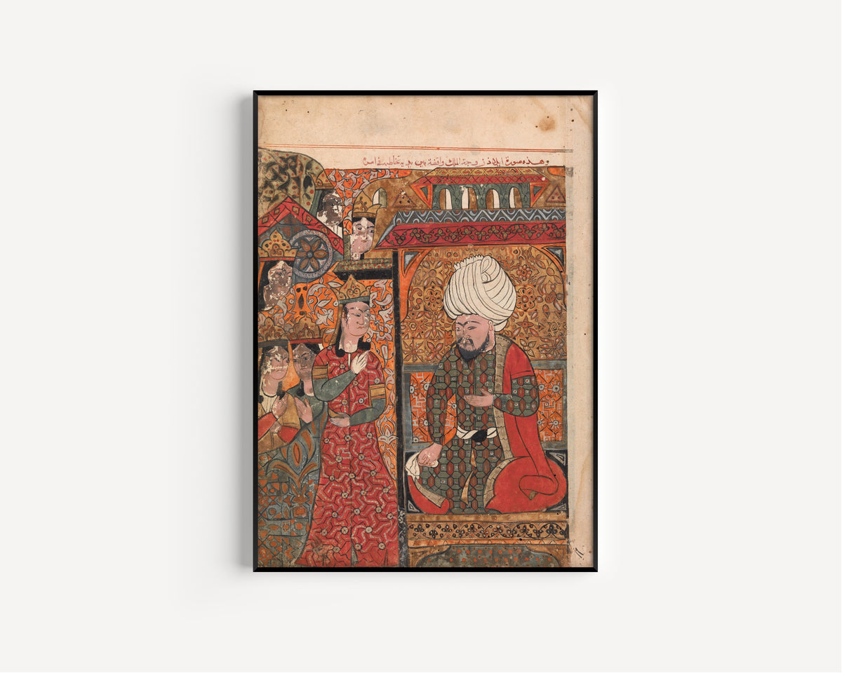 Framed art print of Kalila wa Dimna: The Queen Ilar (Irakht) Before the King, in a slim black frame on a plain white wall