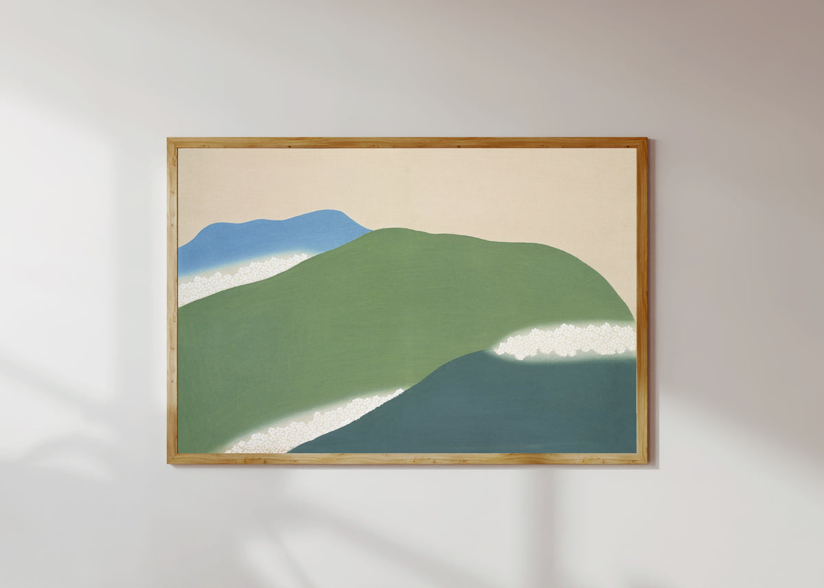 Framed art print of Green mountains, from Momoyogusa by Kamisaka Sekka, in a light wood frame on a sunlit white wall