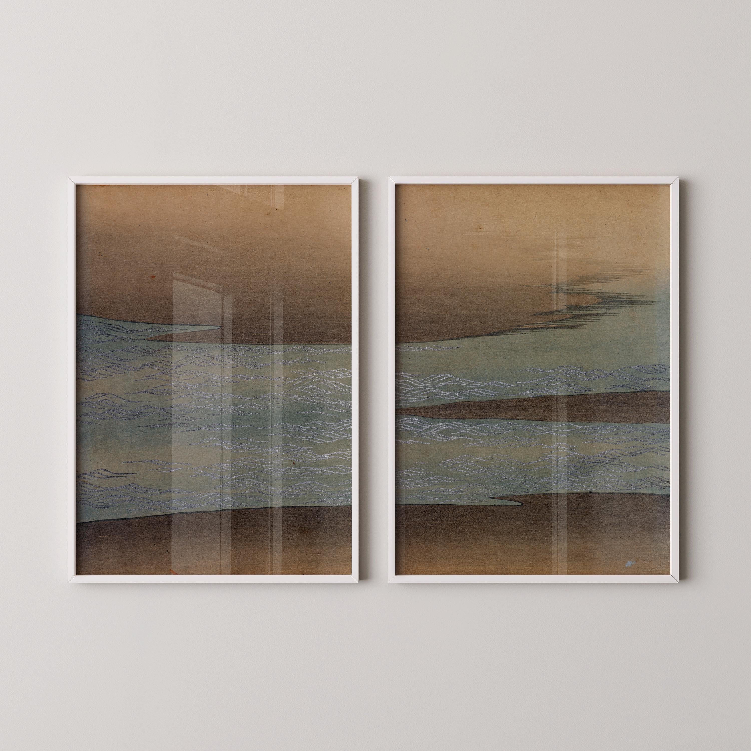 Kamisaka Sekka - Small Waves | | STATEMENT DUO Vintage Japanese Woodblock Neutral Wabi - Sabi Japandi Art available framed - 9ArtPrints