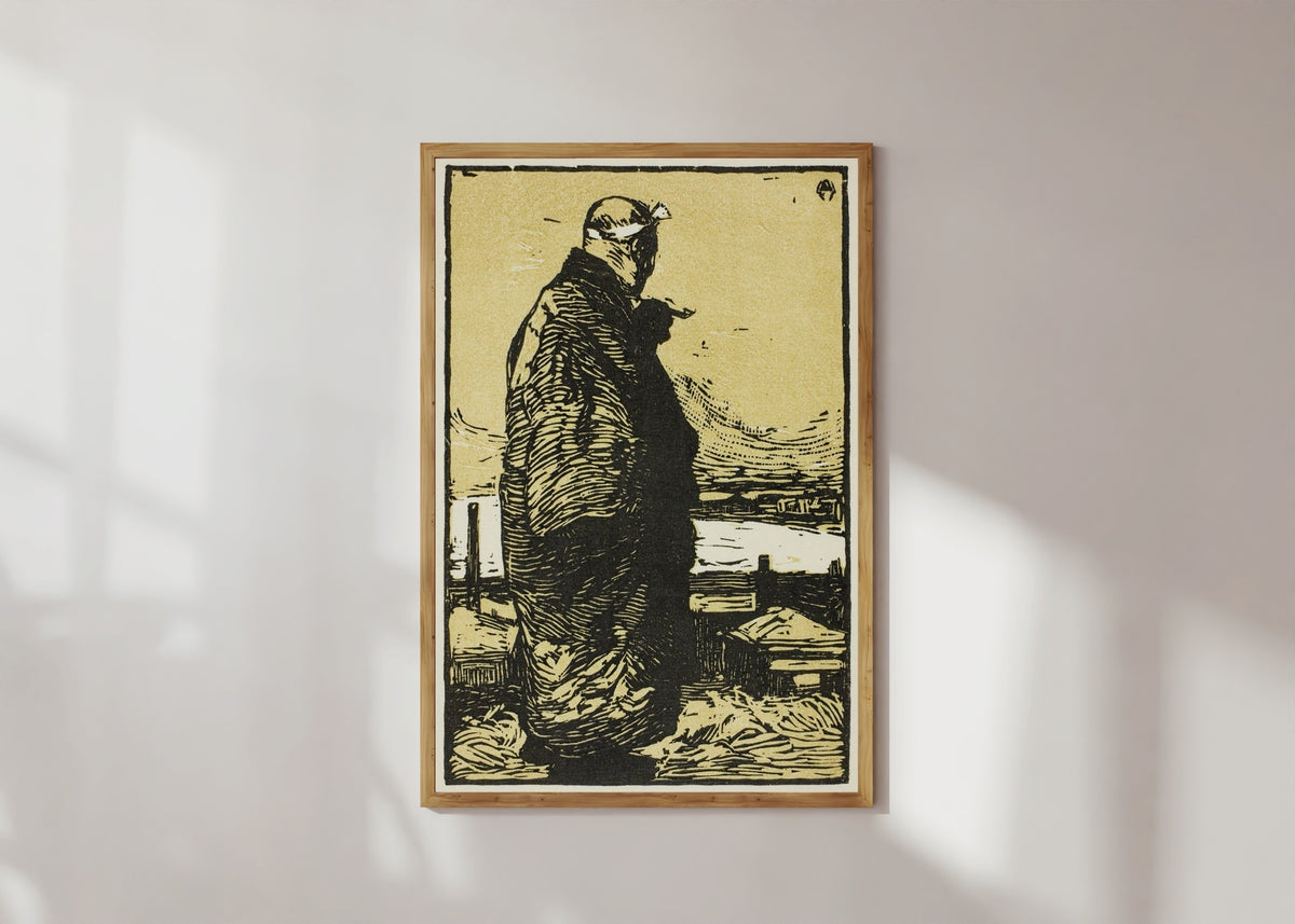 Framed art print of The Fisherman by Kanae Yamamoto, in a light wood frame on a sunlit white wall