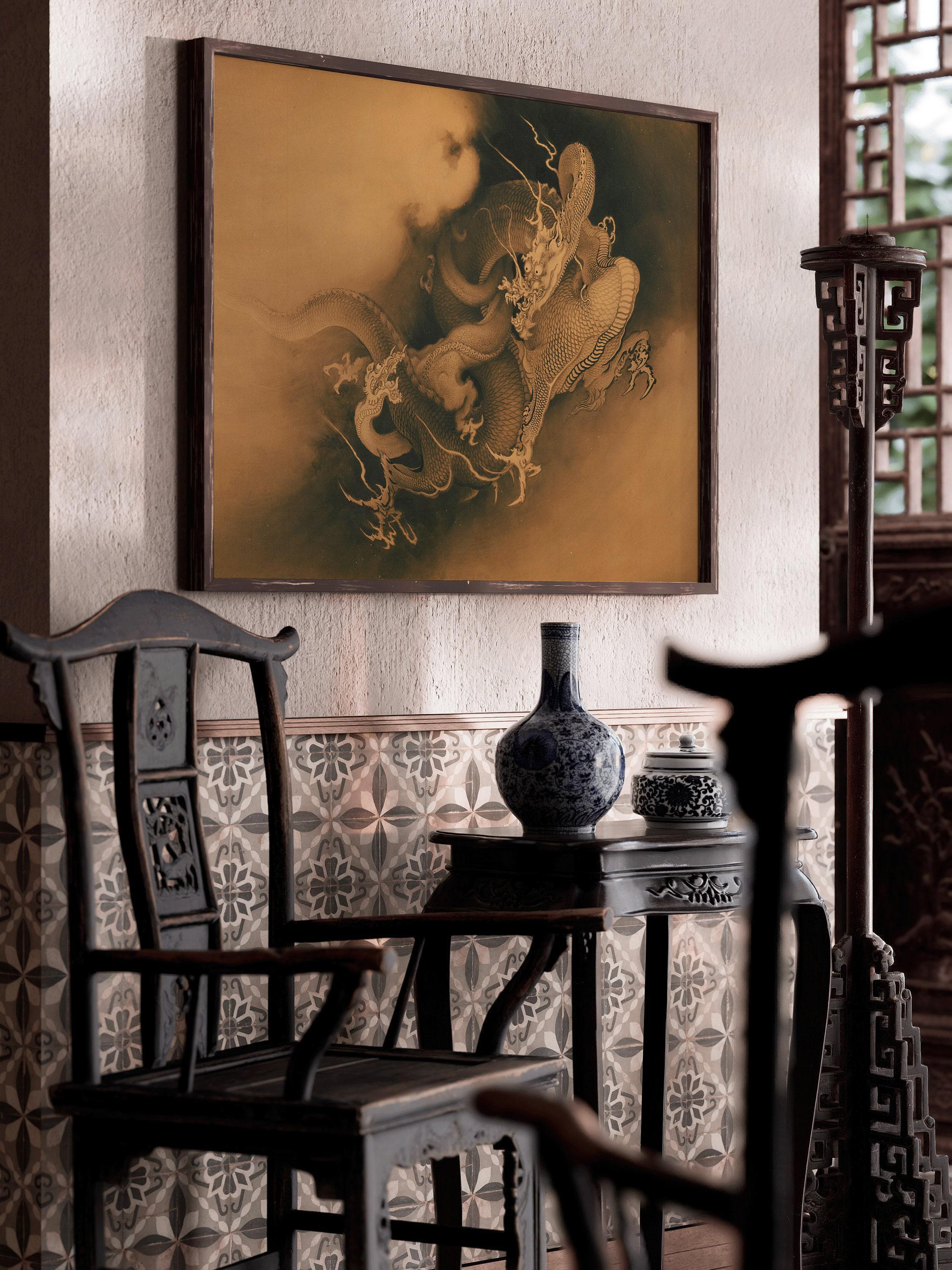 Kanō Hōgai - Two Dragons in Clouds Print | PRINT | Available handframed or unframed - 9ArtPrints