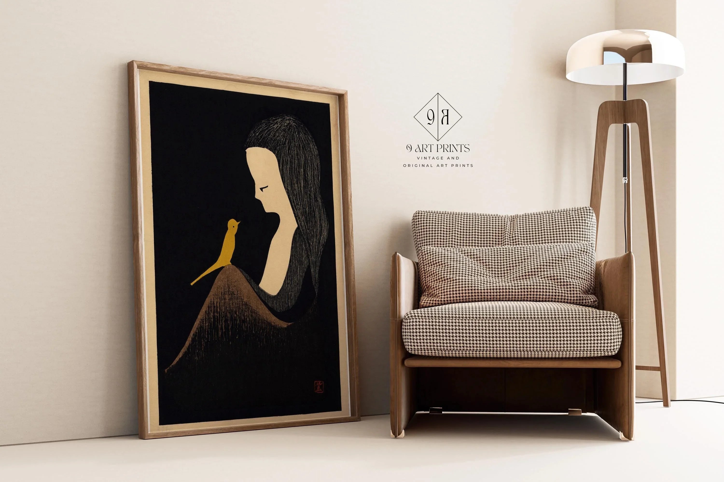 Kaoru Kawano - Girl with Yellow Bird | PRINT | Vintage Japanese Woodblock Art