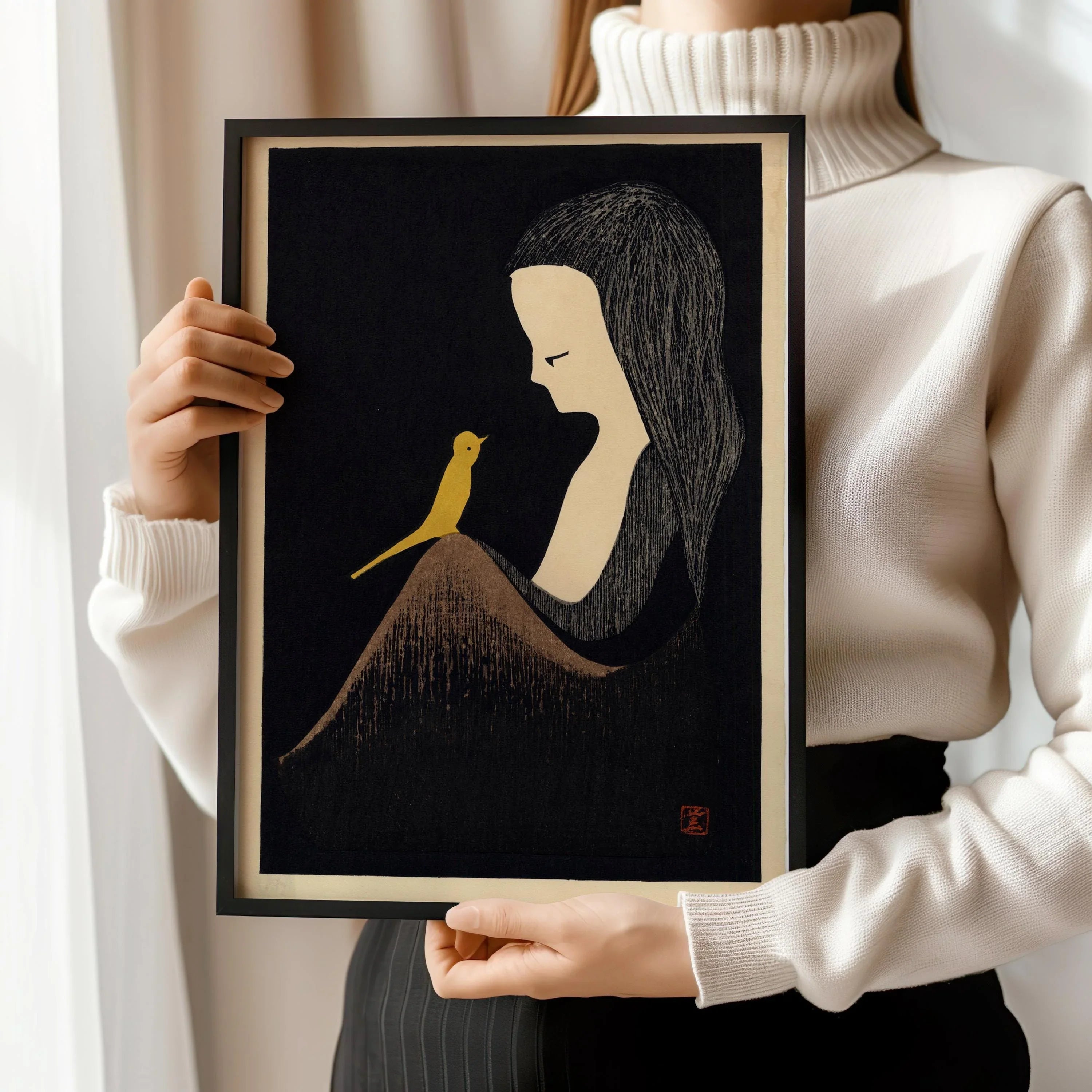 Kaoru Kawano Japanese Woodblock Print: Girl with Yellow Bird, Giclee Art - 9ArtPrints