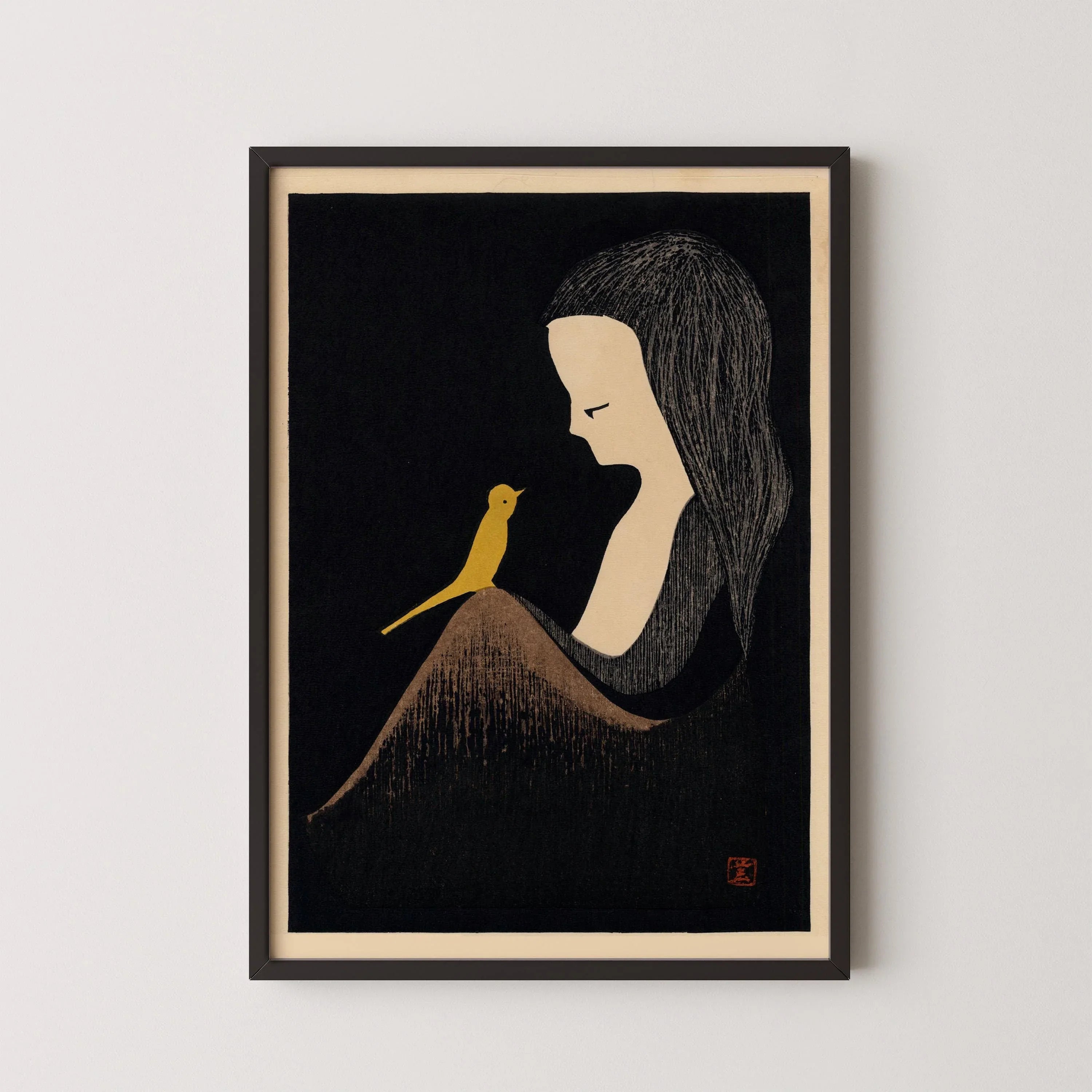 Kaoru Kawano Japanese Woodblock Print: Girl with Yellow Bird, Giclee Art - 9ArtPrints