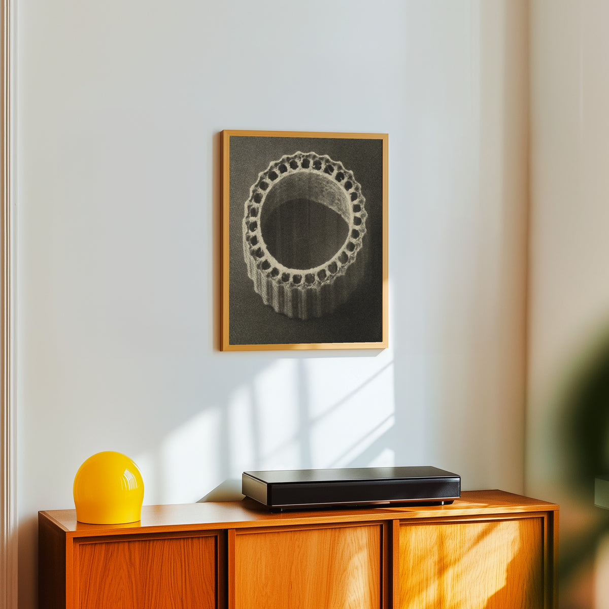 Framed art print of Equisetum hiemale by Karl Blossfeldt, in a light wood frame on a white wall above an orange sideboard