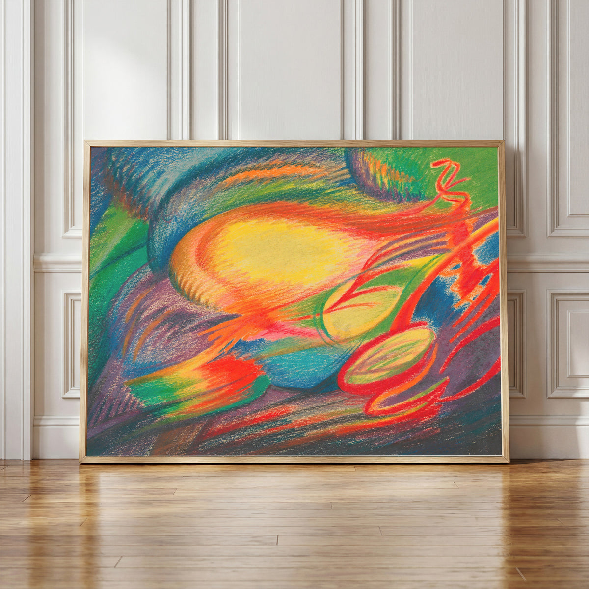 Framed art print of Allegro by Karl Wiener, in a light wood frame leaning against a panelled white wall