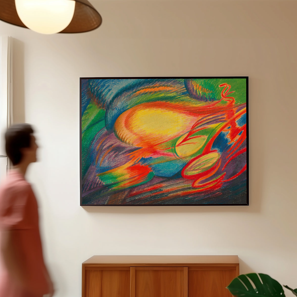 Framed art print of Allegro by Karl Wiener, in a slim black frame on a warm wall in a sunlit room