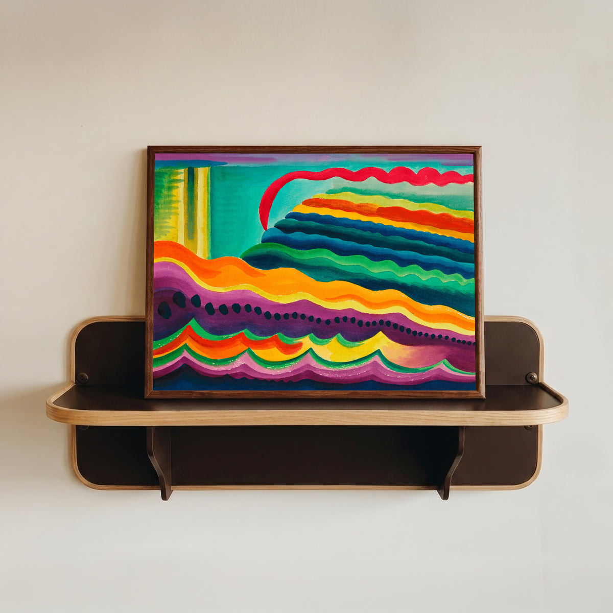 Framed art print of Andante by Karl Wiener, in a dark wood frame resting on a wall shelf