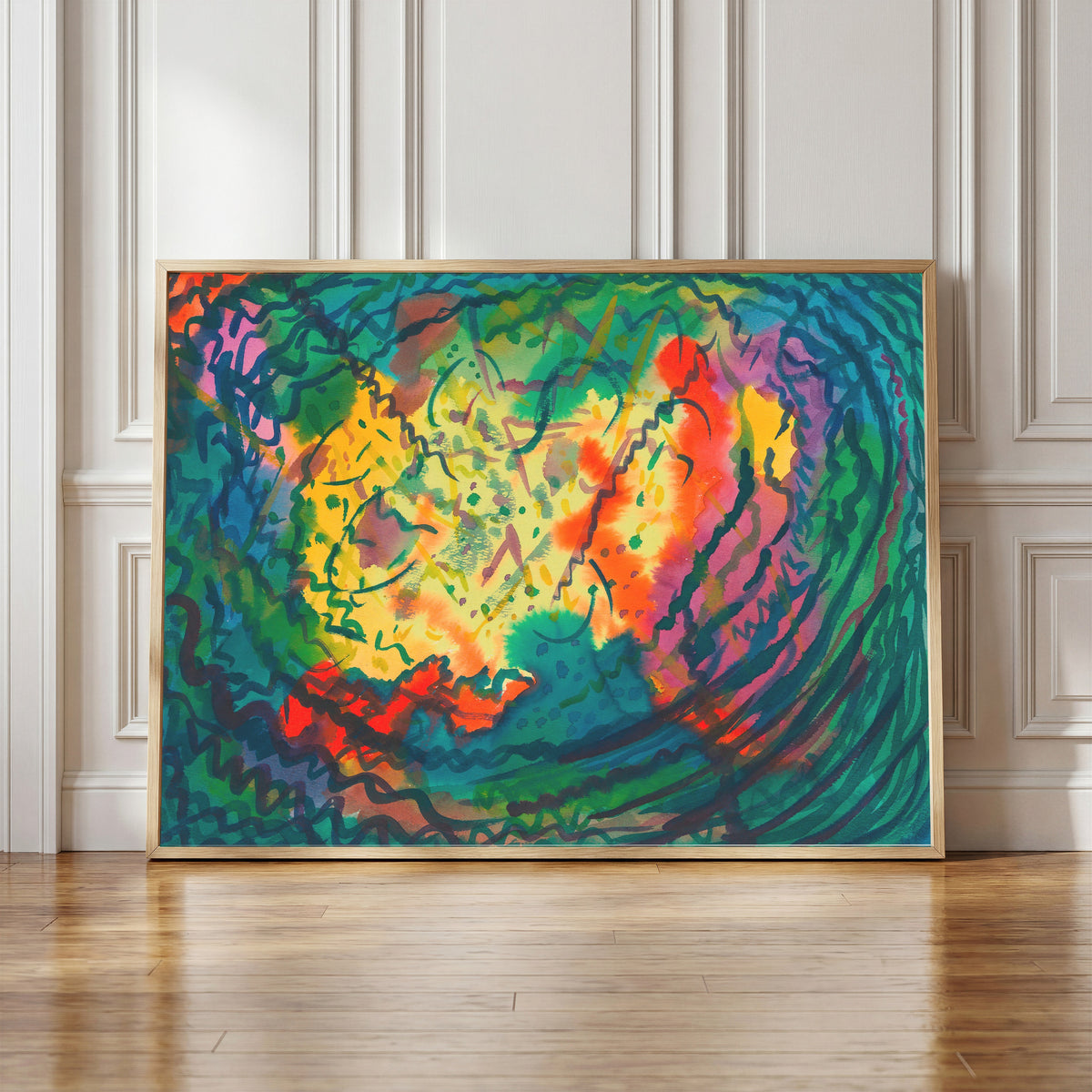Framed art print of Auflösung (Dissolution) by Karl Wiener, in a light wood frame leaning against a panelled white wall