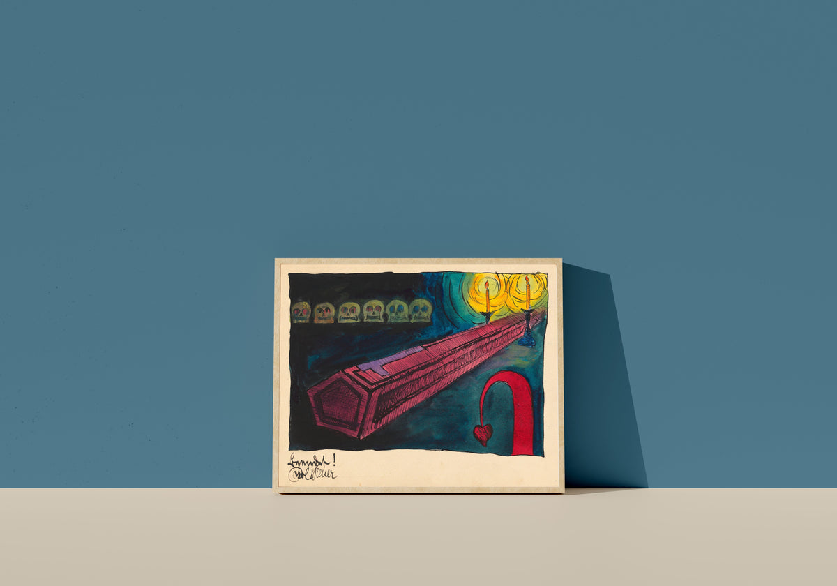 Framed art print of Beendet (Finished) by Karl Wiener, in a light wood frame leaning on a blue wall