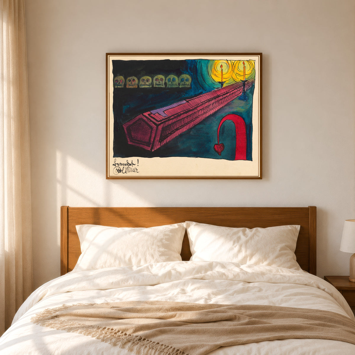 Framed art print of Beendet (Finished) by Karl Wiener, in a slim wood frame above a bed in a sunlit bedroom