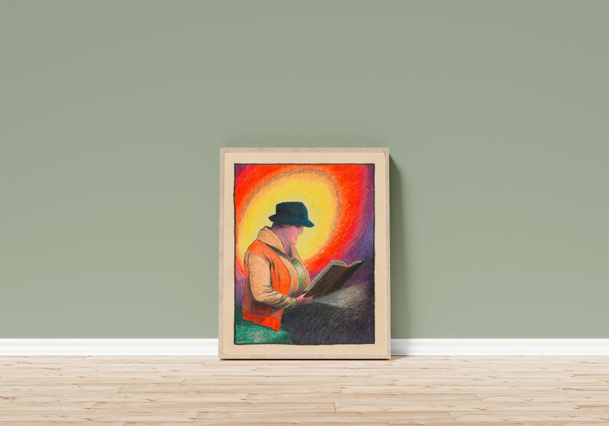 Framed art print of Dame im Kafé (Lady in the Café) by Karl Wiener, in a light wood frame leaning on a sage green wall above a wooden floor