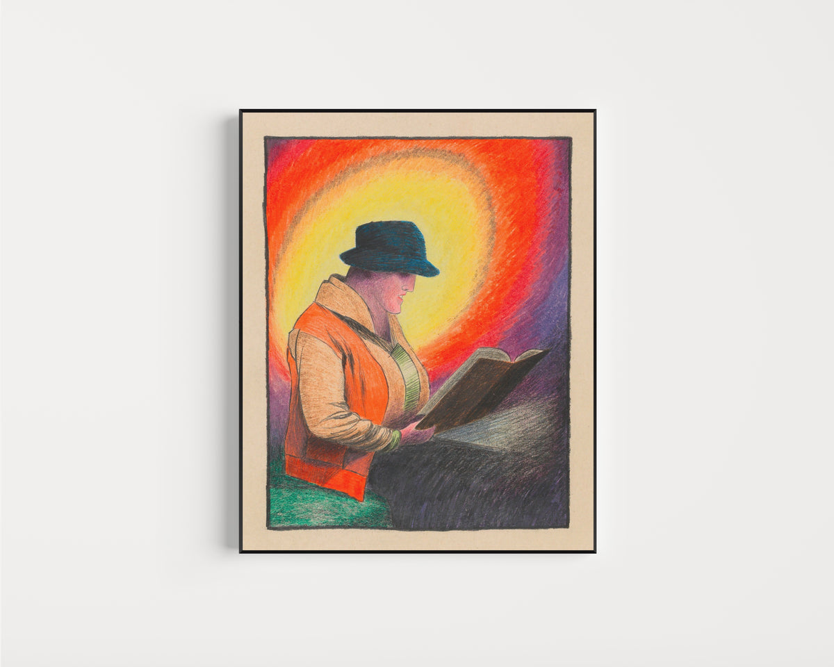 Framed art print of Dame im Kafé (Lady in the Café) by Karl Wiener, in a slim black frame on a plain white wall
