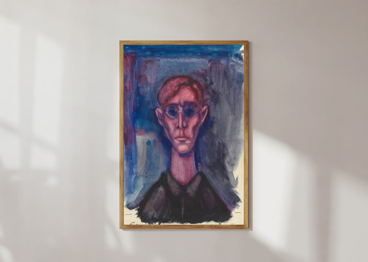 Framed art print of Depression, Selbstporträt (Depression, Self-Portrait) by Karl Wiener, in a light wood frame on a sunlit white wall
