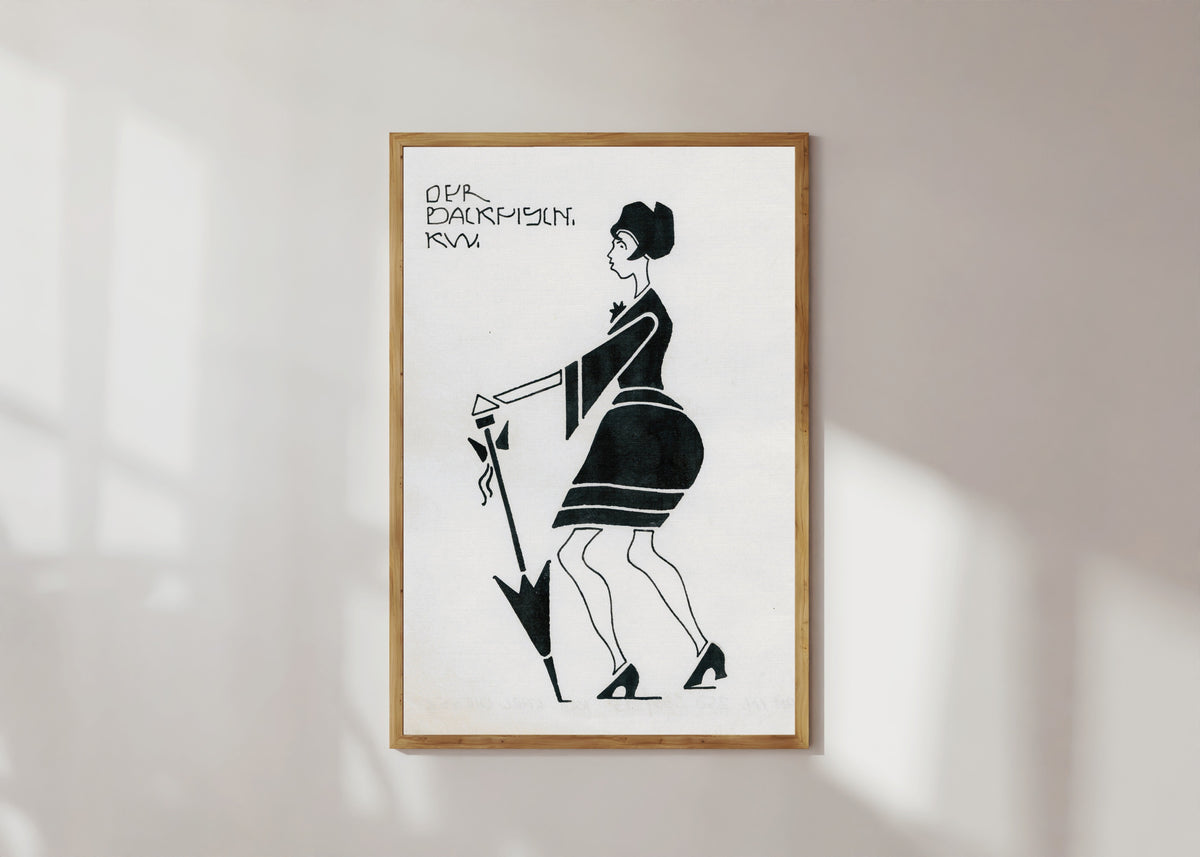 Framed art print of Der Backfisch (The Teenage Girl) by Karl Wiener, in a light wood frame on a sunlit white wall