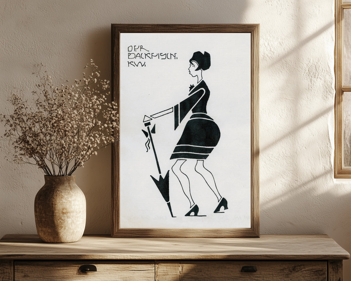 Framed art print of Der Backfisch (The Teenage Girl) by Karl Wiener, in a dark wood frame leaning on a rustic console beside dried flowers