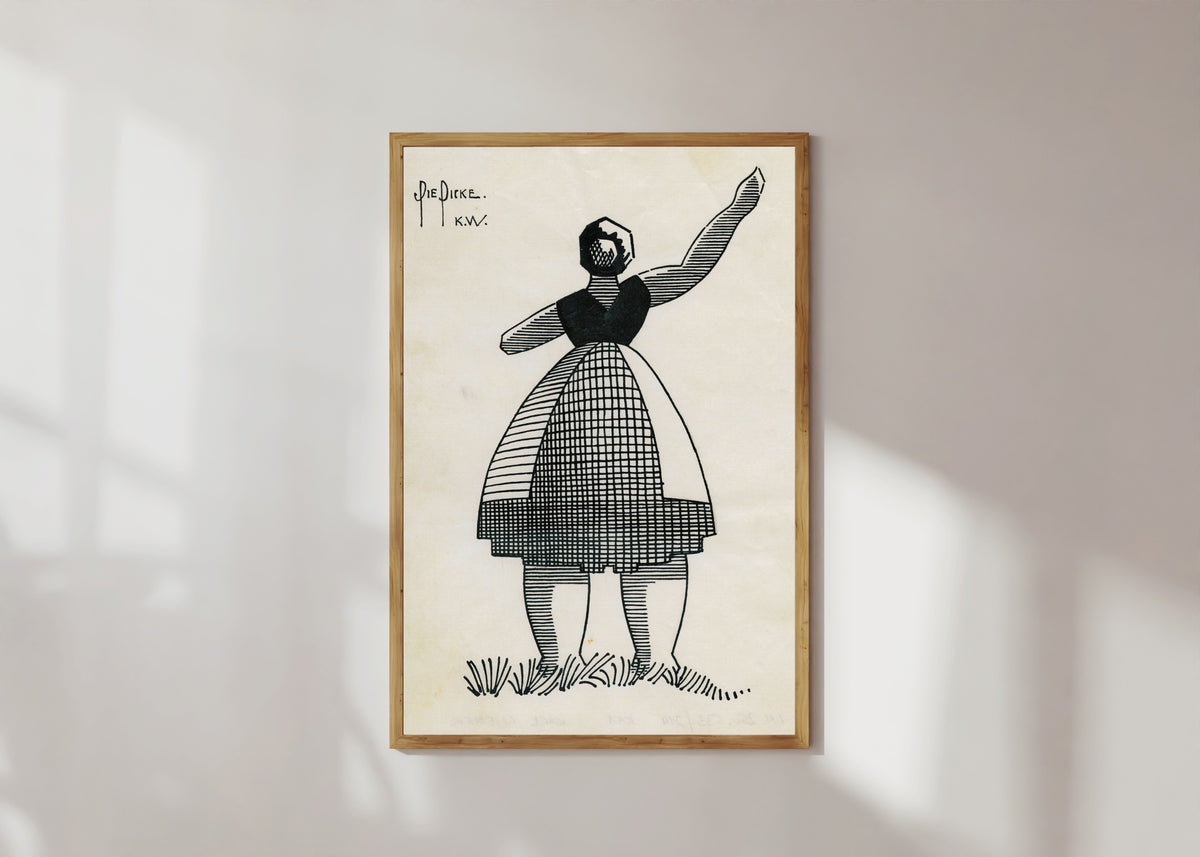 Framed art print of Die Dicke (The Stout Woman) by Karl Wiener, in a light wood frame on a sunlit white wall