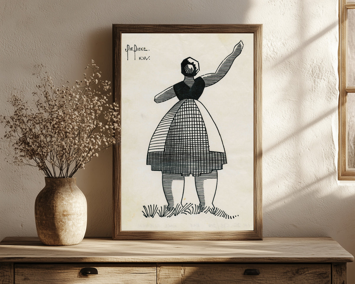 Framed art print of Die Dicke (The Stout Woman) by Karl Wiener, in a dark wood frame leaning on a rustic console beside dried flowers