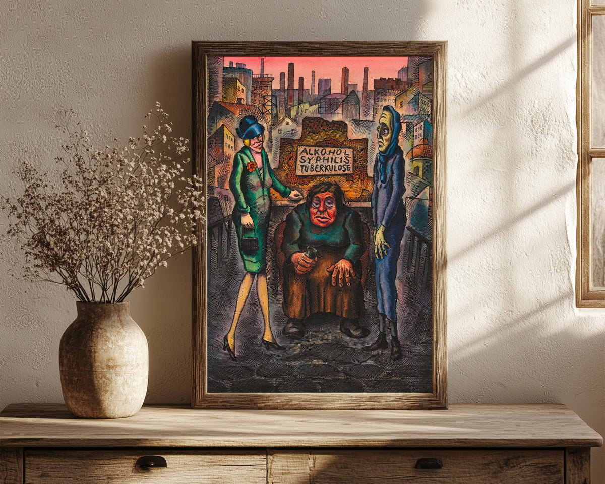 Framed art print of Die drei Volksseuchen (The Three Plagues) by Karl Wiener, in a dark wood frame leaning on a rustic console beside dried flowers
