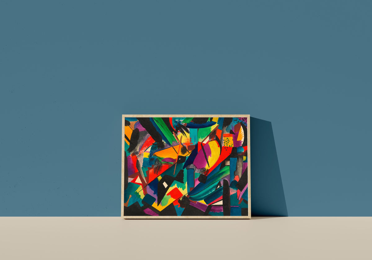 Framed art print of Dissonanzen (Dissonances) by Karl Wiener, in a light wood frame leaning on a blue wall
