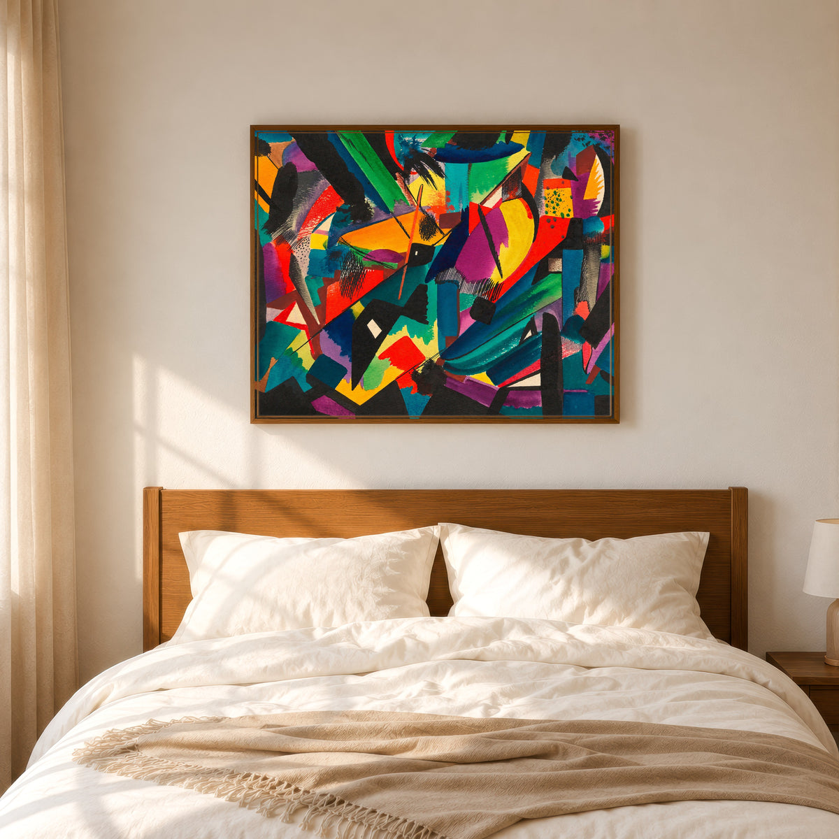 Framed art print of Dissonanzen (Dissonances) by Karl Wiener, in a slim wood frame above a bed in a sunlit bedroom