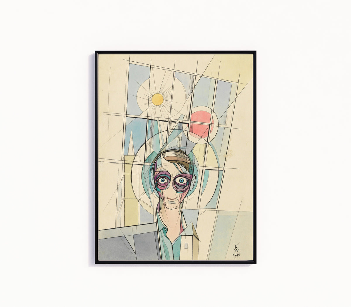 Framed art print of Euphorie, Selbstporträt (Euphoria, Self-Portrait) by Karl Wiener, in a slim black frame on a plain white wall