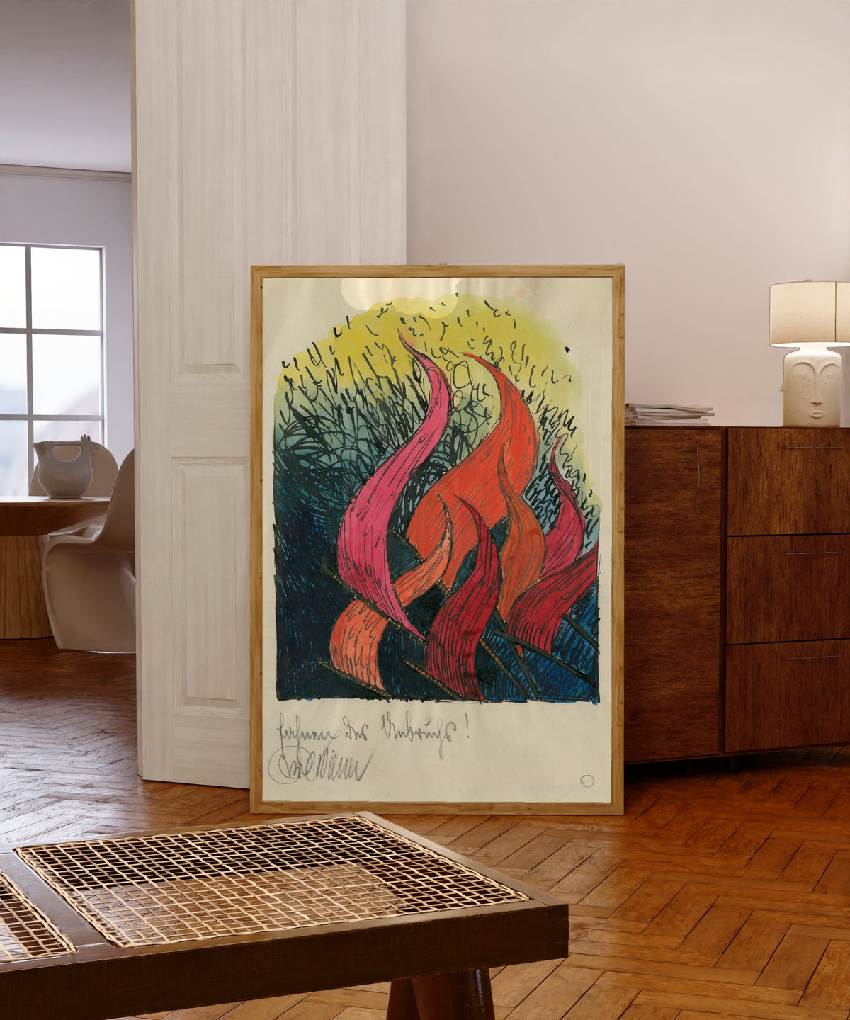 Framed art print of Fahnen des Umbruchs (Banners of Upheaval) by Karl Wiener, in a light wood frame leaning in a warm room with a parquet floor