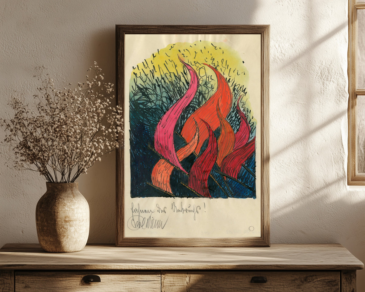Framed art print of Fahnen des Umbruchs (Banners of Upheaval) by Karl Wiener, in a dark wood frame leaning on a rustic console beside dried flowers