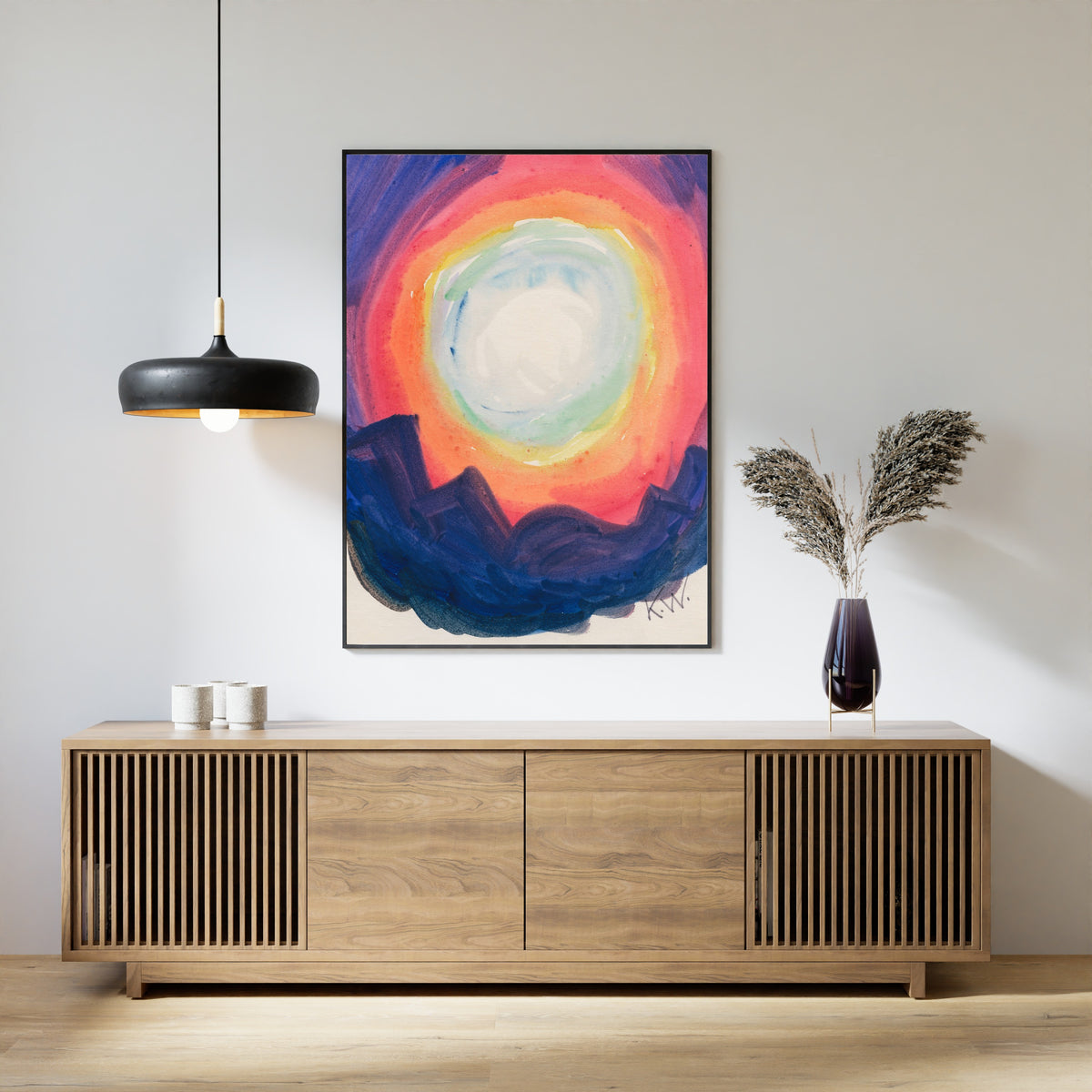 Framed art print of From My Life No. 18 by Karl Wiener, above a slatted wood sideboard