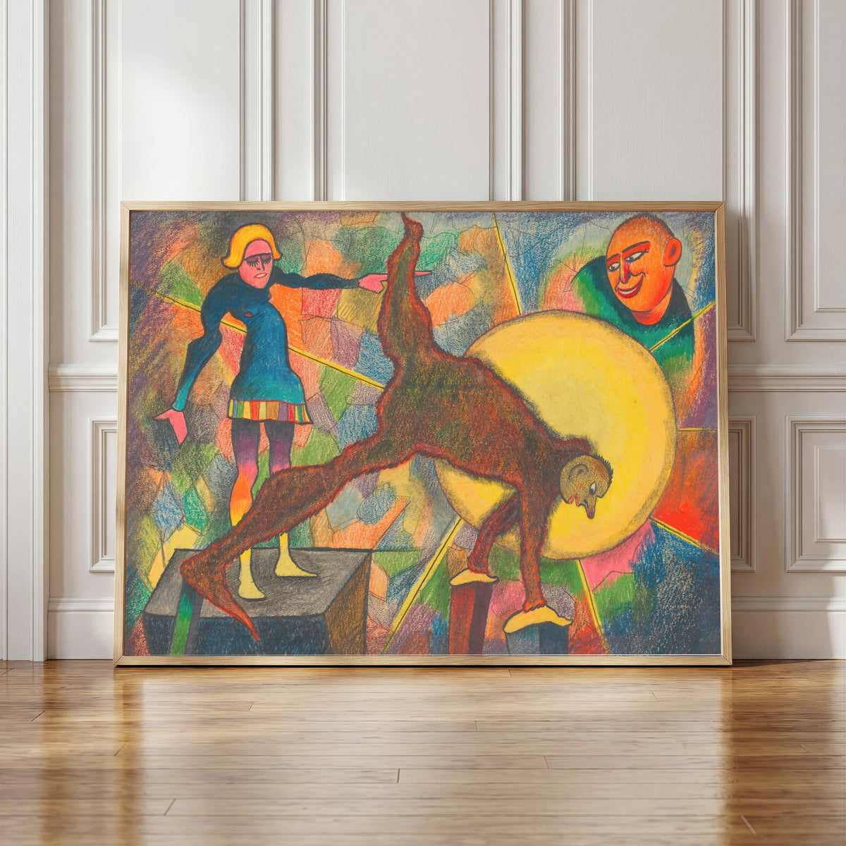 Framed art print of Groteske (Grotesque) by Karl Wiener, in a light wood frame leaning against a panelled white wall